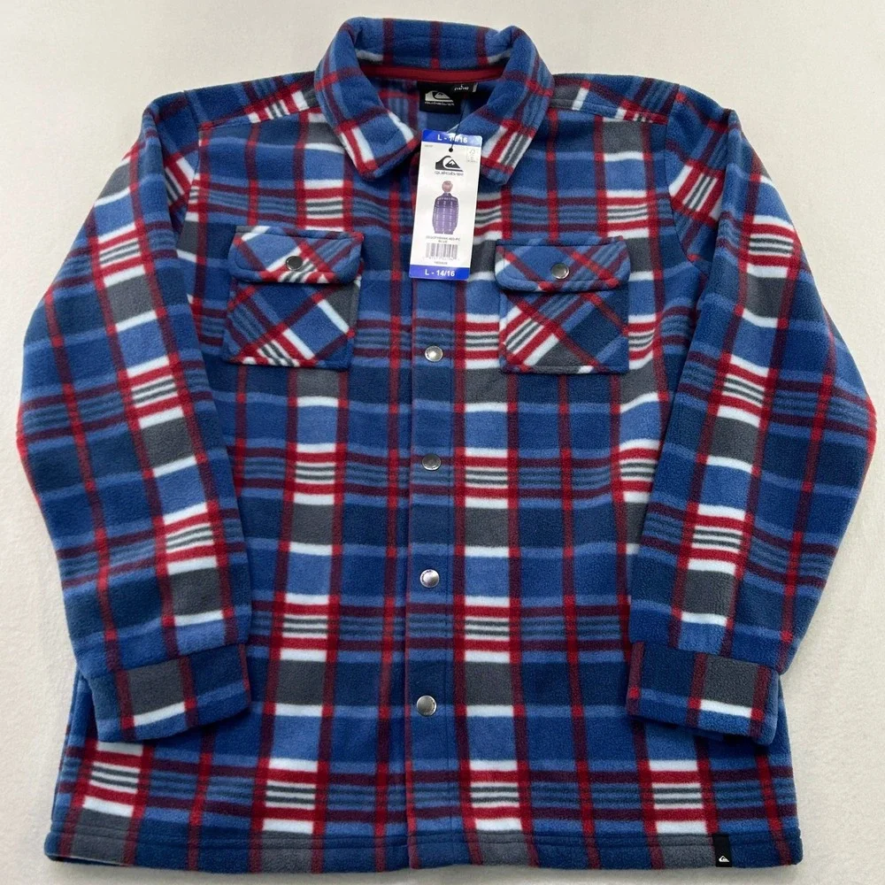 Quiksilver Boys Blue Red Plaid Polar Fleece Button Down Shirt Jacket L 14/16 NWT